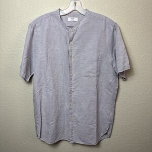 Uniqlo Band Collar Shirt Mens L Gray Linen Cotton Blend Short Sleeve Minimalist